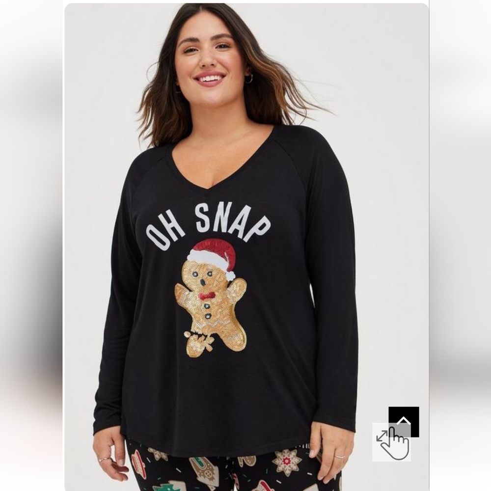Torrid 0X Classic Fit Raglan Tee - Feather Soft Oh Snap Black Sequin Gingerbread